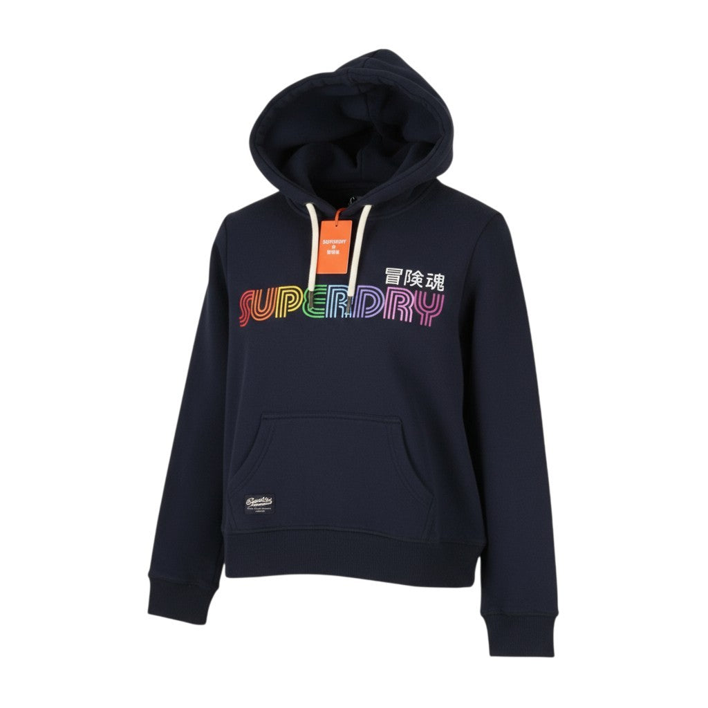 SUPERDRY Rainbow Logo Graphic moteriškas džemperis su gobtuvu, 38 dydžio, mėlynas, megztinis su kengūros kišene 