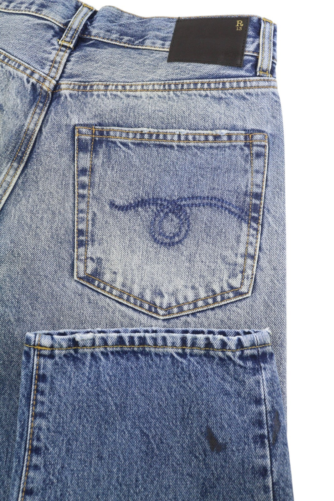 R13 Boyfriend Women Jeans 26 Jasper Cropped Whiskers Faded Blue PF25 RRP699