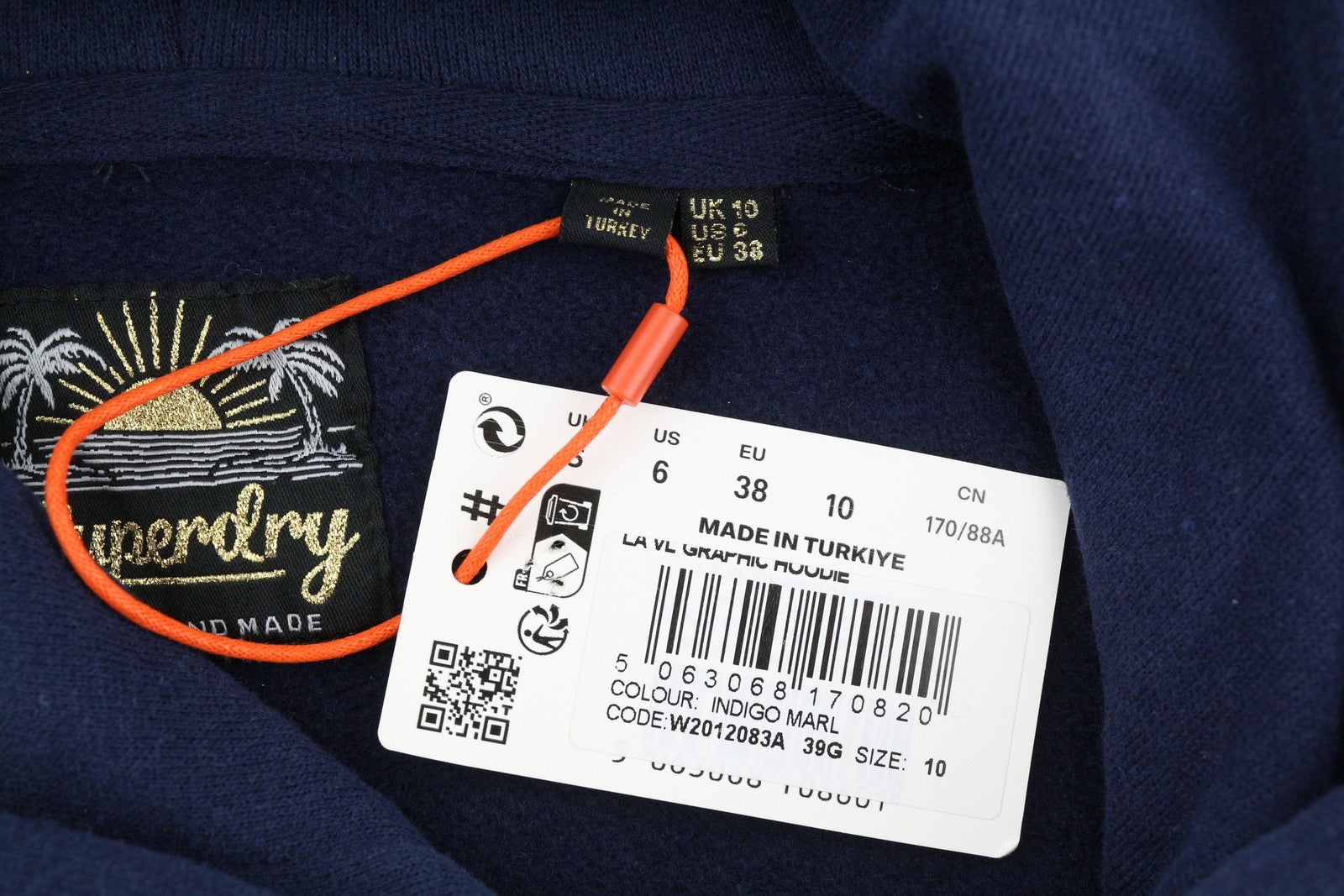 SUPERDRY La VL Graphic moteriškas džemperis su gobtuvu, 38 dydžio, tamsiai mėlynas, su kengūros kišene. 