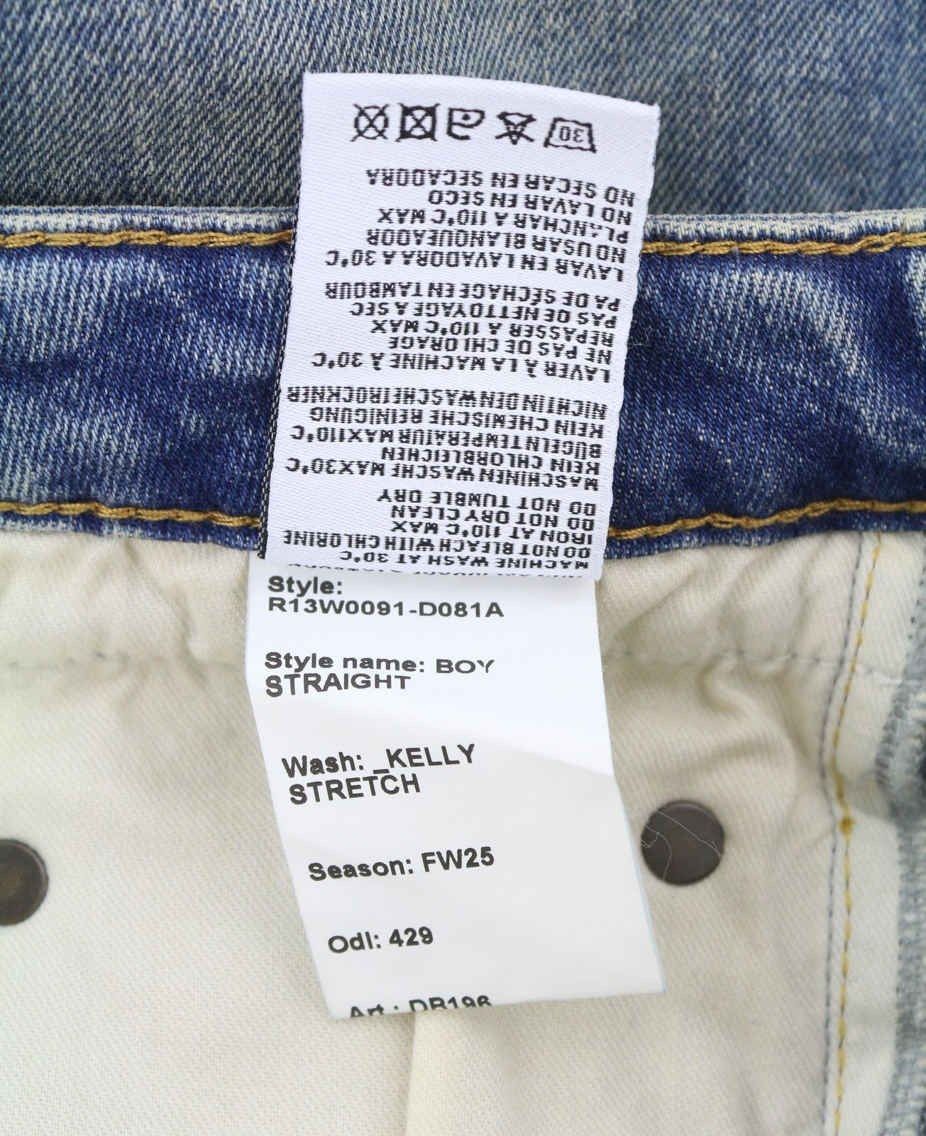 R13 berniukiški tiesūs moteriški džinsai 31 Kelly tamprūs trumpi išblukintos mėlynos spalvos FW25 RRP699 