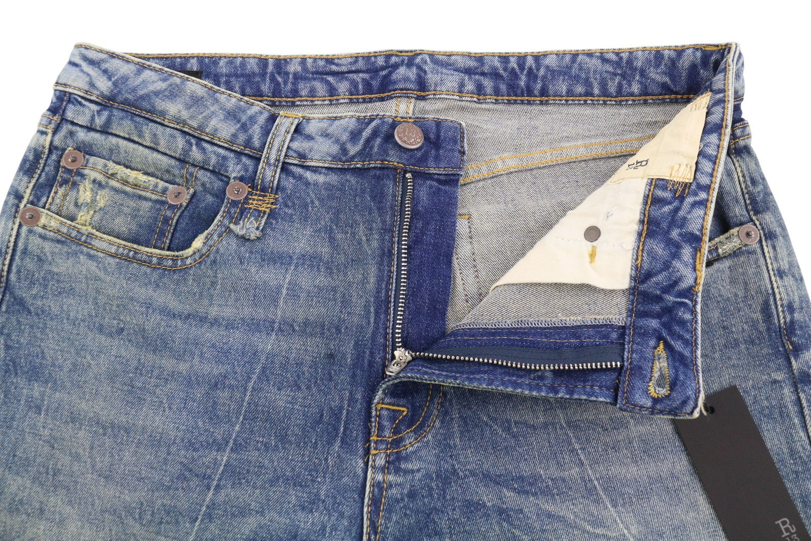 R13 berniukiški tiesūs moteriški džinsai 31 Kelly tamprūs trumpi išblukintos mėlynos spalvos FW25 RRP699 