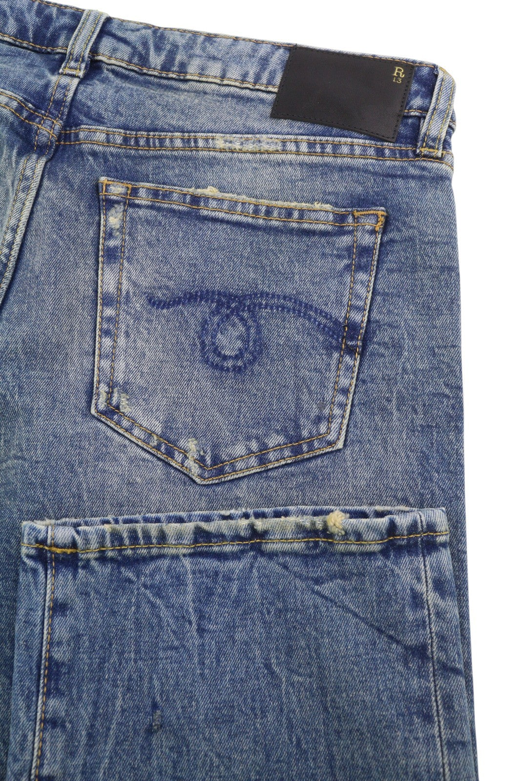 R13 berniukiški tiesūs moteriški džinsai 31 Kelly tamprūs trumpi išblukintos mėlynos spalvos FW25 RRP699 