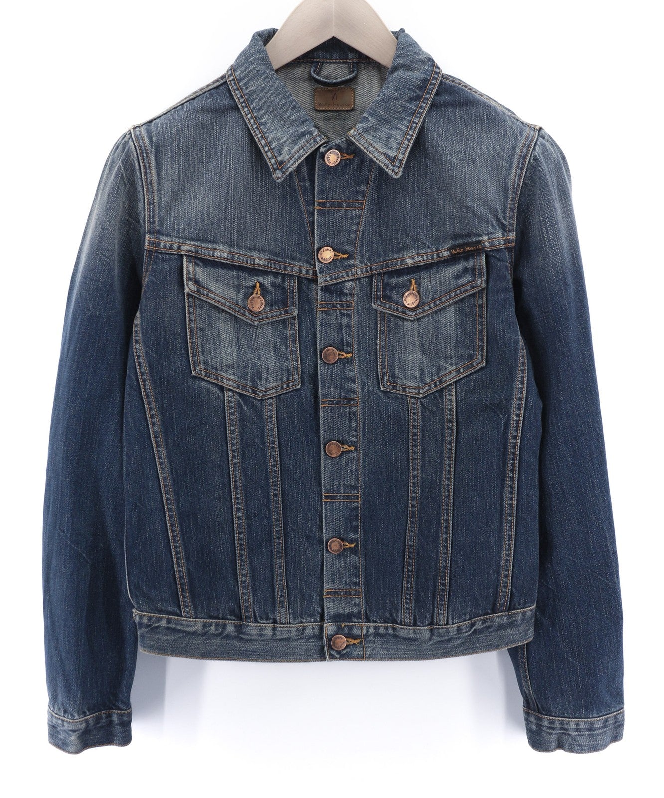 NUDIE JEANS Billy Dark Authentic vyriškas S dydžio džinsinis švarkas su išblukusiomis sagomis 