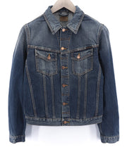 NUDIE JEANS Billy Dark Authentic vyriškas S dydžio džinsinis švarkas su išblukusiomis sagomis 