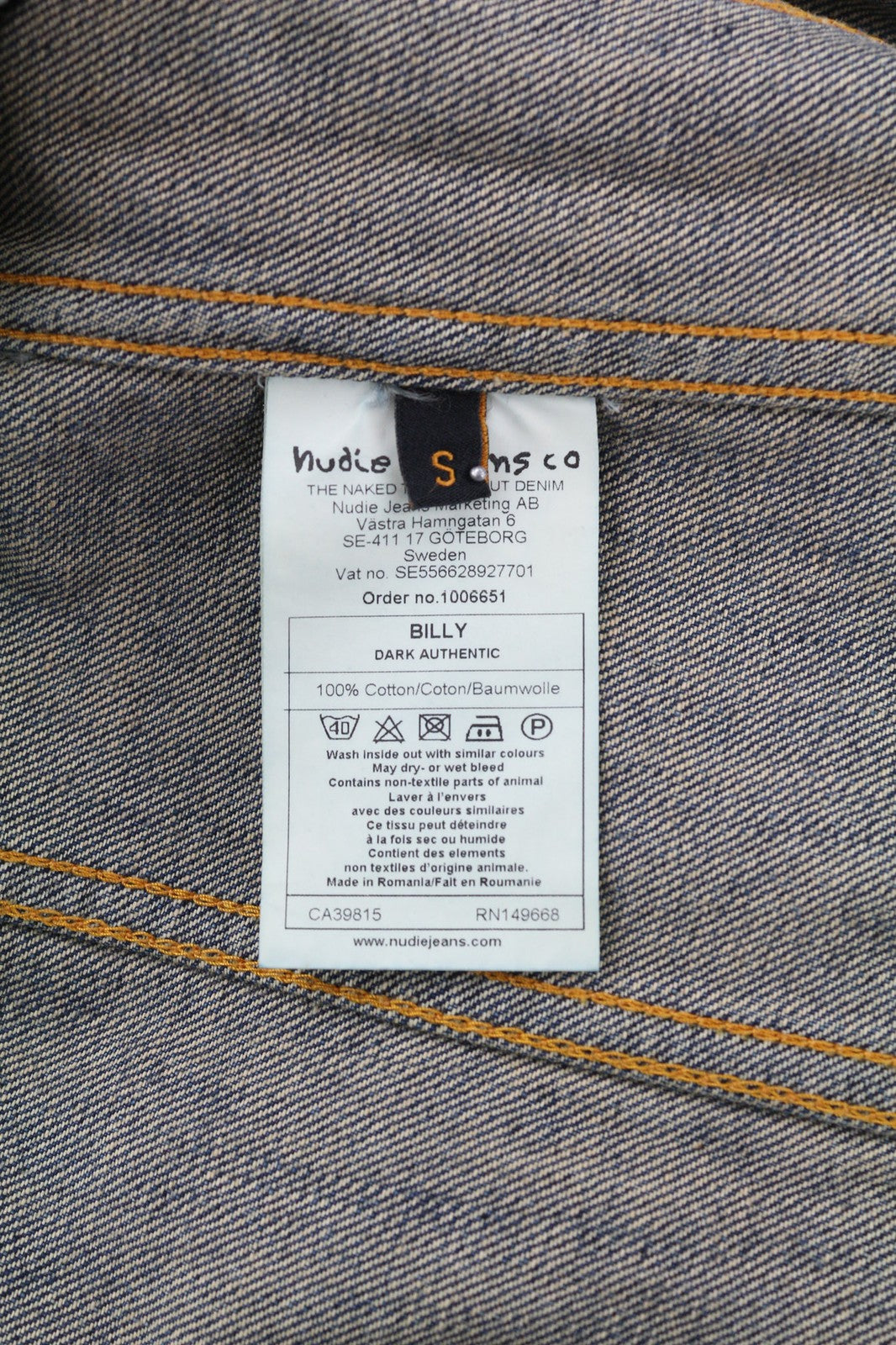 NUDIE JEANS Billy Dark Authentic vyriškas S dydžio džinsinis švarkas su išblukusiomis sagomis 