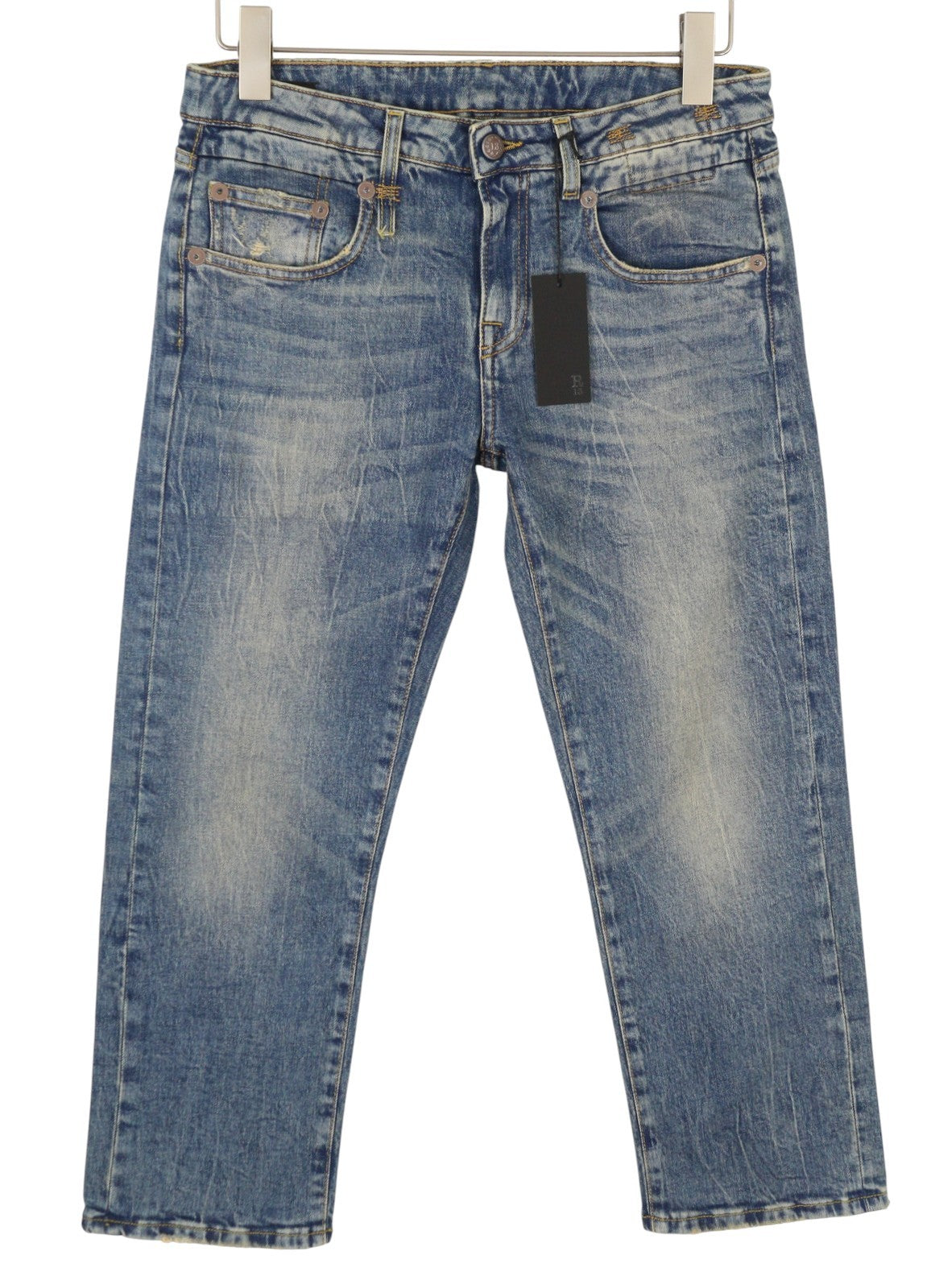 R13 berniukiški tiesūs moteriški džinsai 28 Kelly tamprūs trumpi užtrauktuku, išblukintos mėlynos spalvos RRP699 