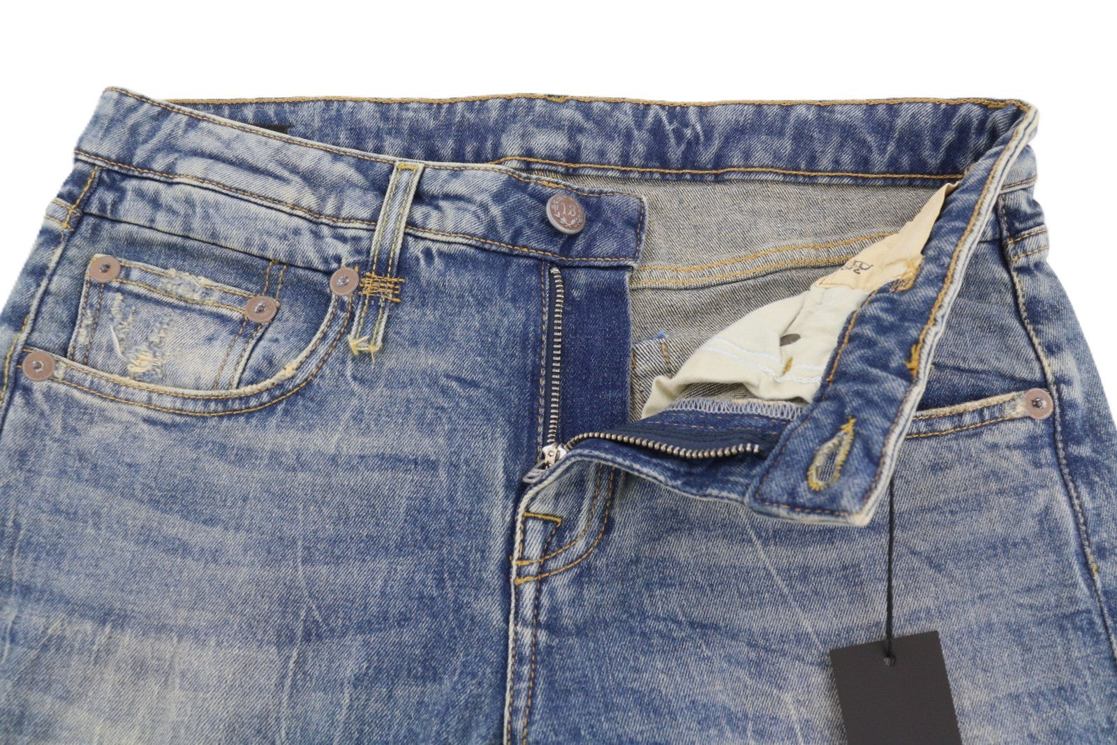 R13 berniukiški tiesūs moteriški džinsai 28 Kelly tamprūs trumpi užtrauktuku, išblukintos mėlynos spalvos RRP699 