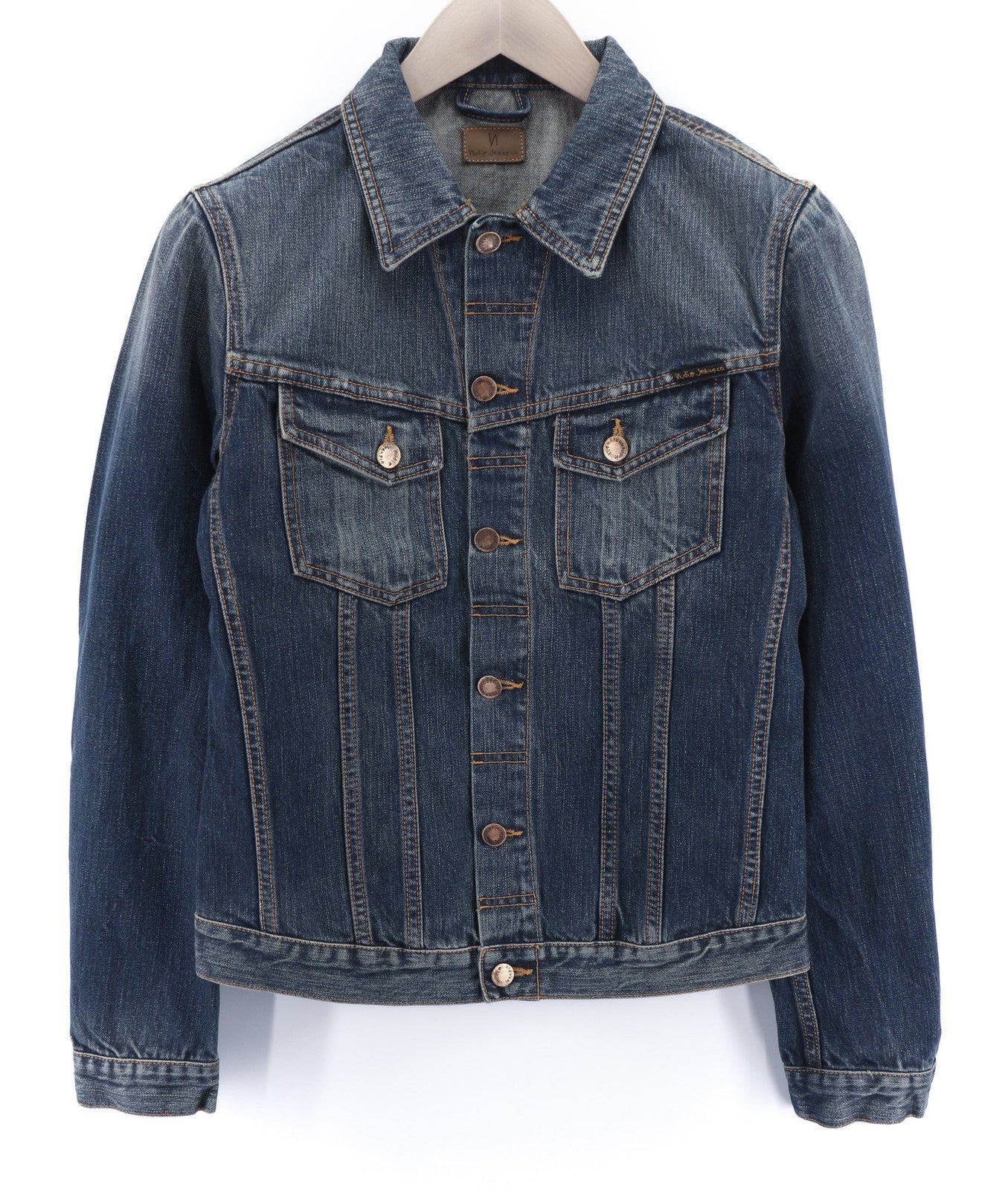 NUDIE JEANS Billy Dark Authentic vyriški S dydžio džinsiniai polo marškinėliai su išblukusia saga 