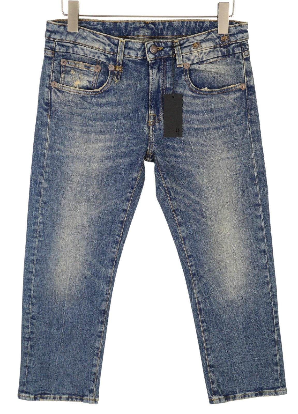 R13 berniukiški tiesūs moteriški džinsai 29 Kelly tamprūs trumpi užtrauktuku, išblukintos mėlynos spalvos RRP699 