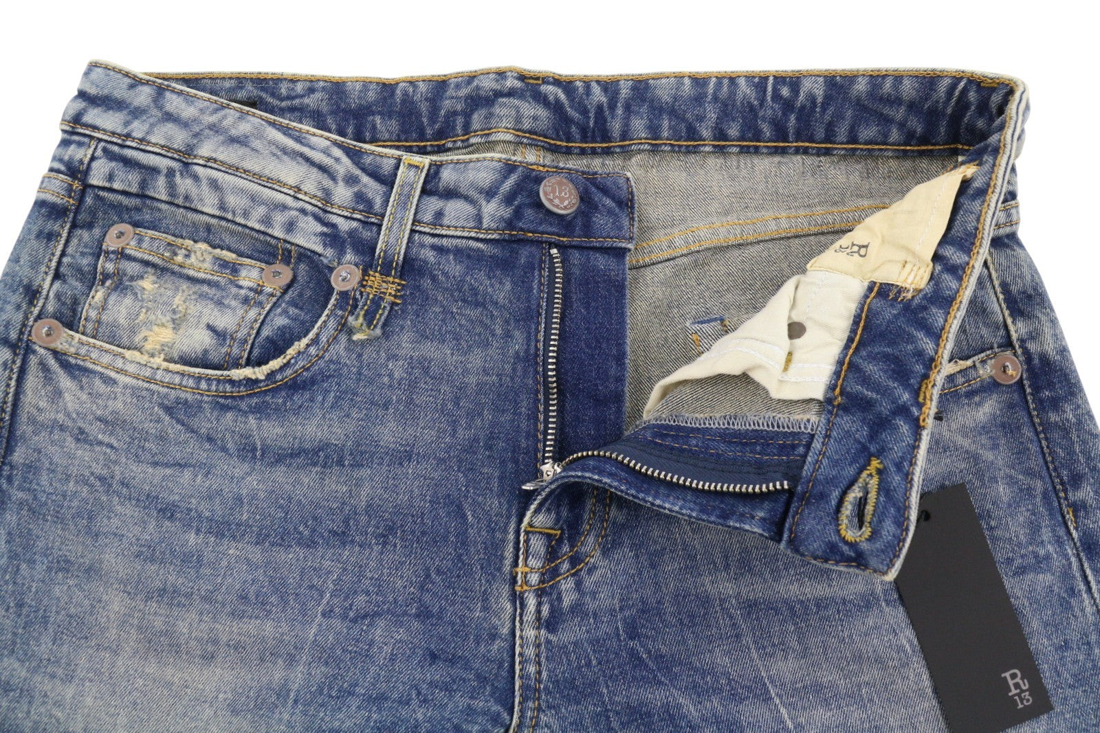 R13 berniukiški tiesūs moteriški džinsai 29 Kelly tamprūs trumpi užtrauktuku, išblukintos mėlynos spalvos RRP699 