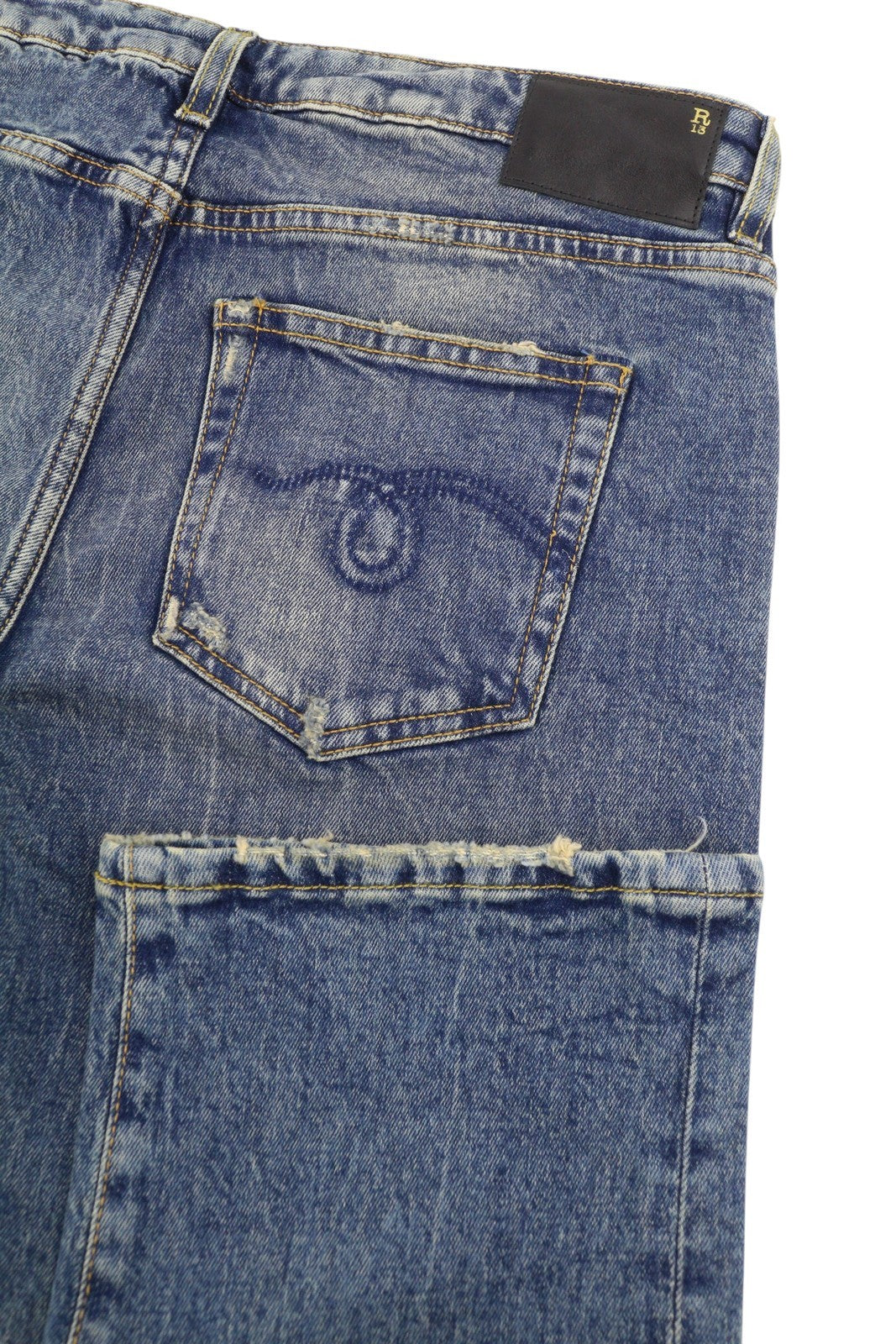 R13 berniukiški tiesūs moteriški džinsai 29 Kelly tamprūs trumpi užtrauktuku, išblukintos mėlynos spalvos RRP699 