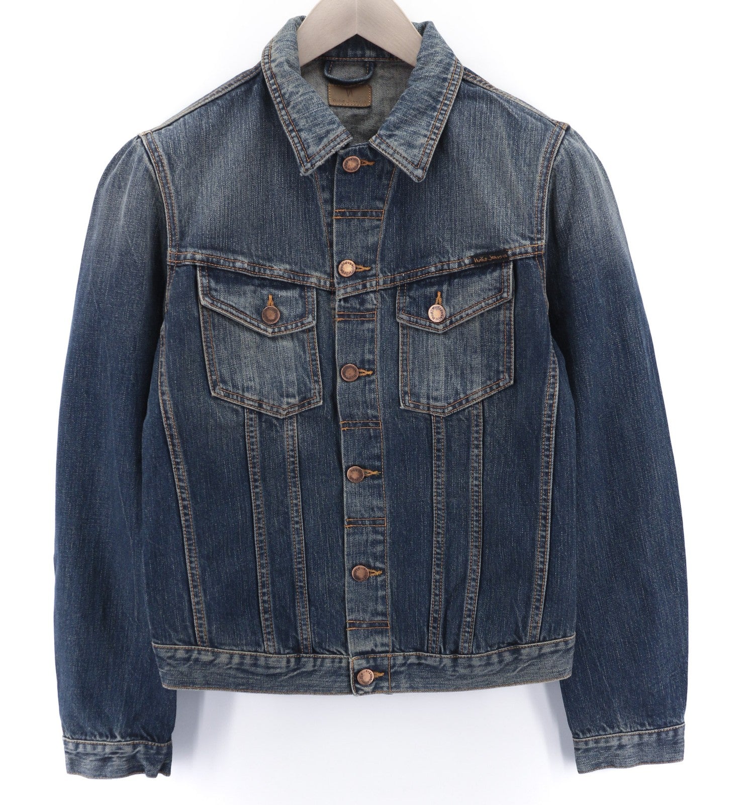 NUDIE JEANS Billy Dark Authentic vyriškas S dydžio mėlynas logotipo išblukęs džinsinis švarkas 