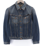 NUDIE JEANS Billy Dark Authentic vyriškas S dydžio mėlynas logotipo išblukęs džinsinis švarkas 