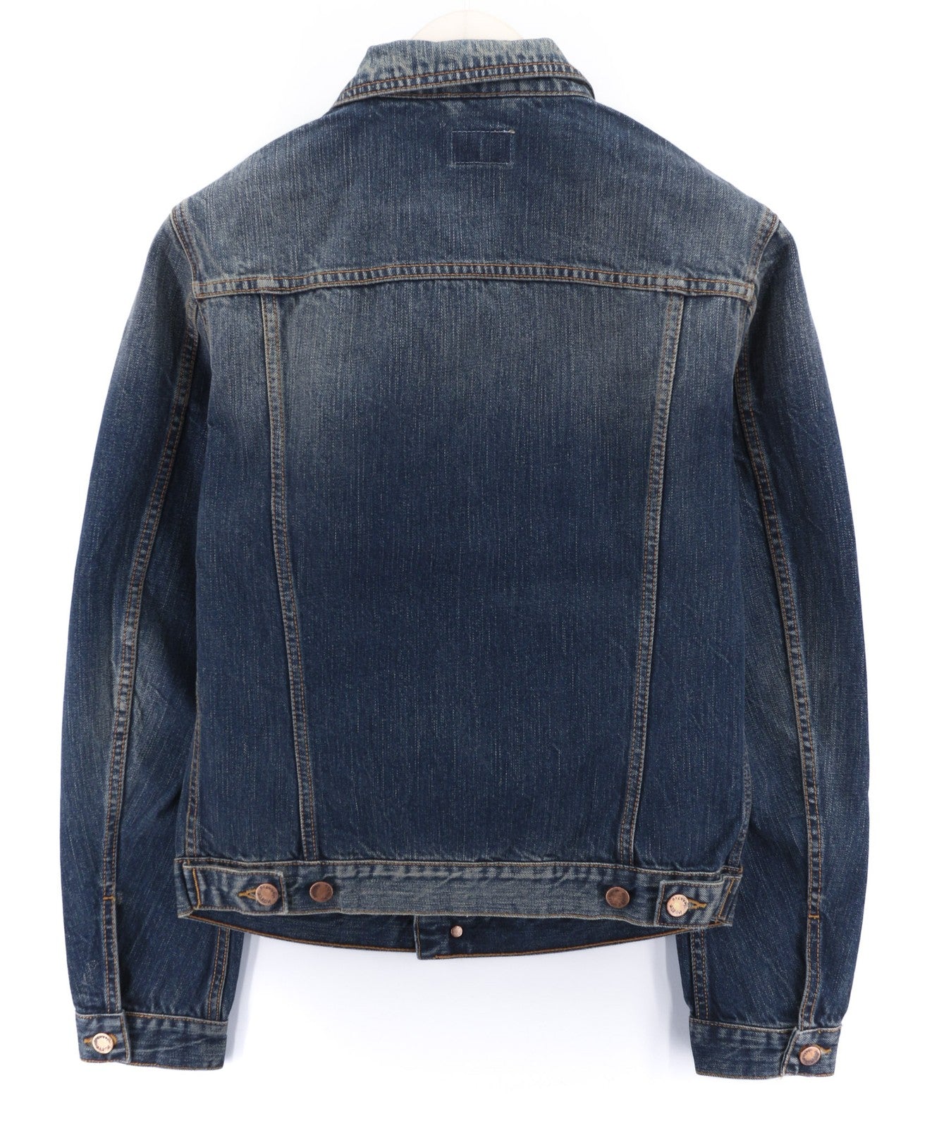 NUDIE JEANS Billy Dark Authentic vyriškas S dydžio mėlynas logotipo išblukęs džinsinis švarkas 