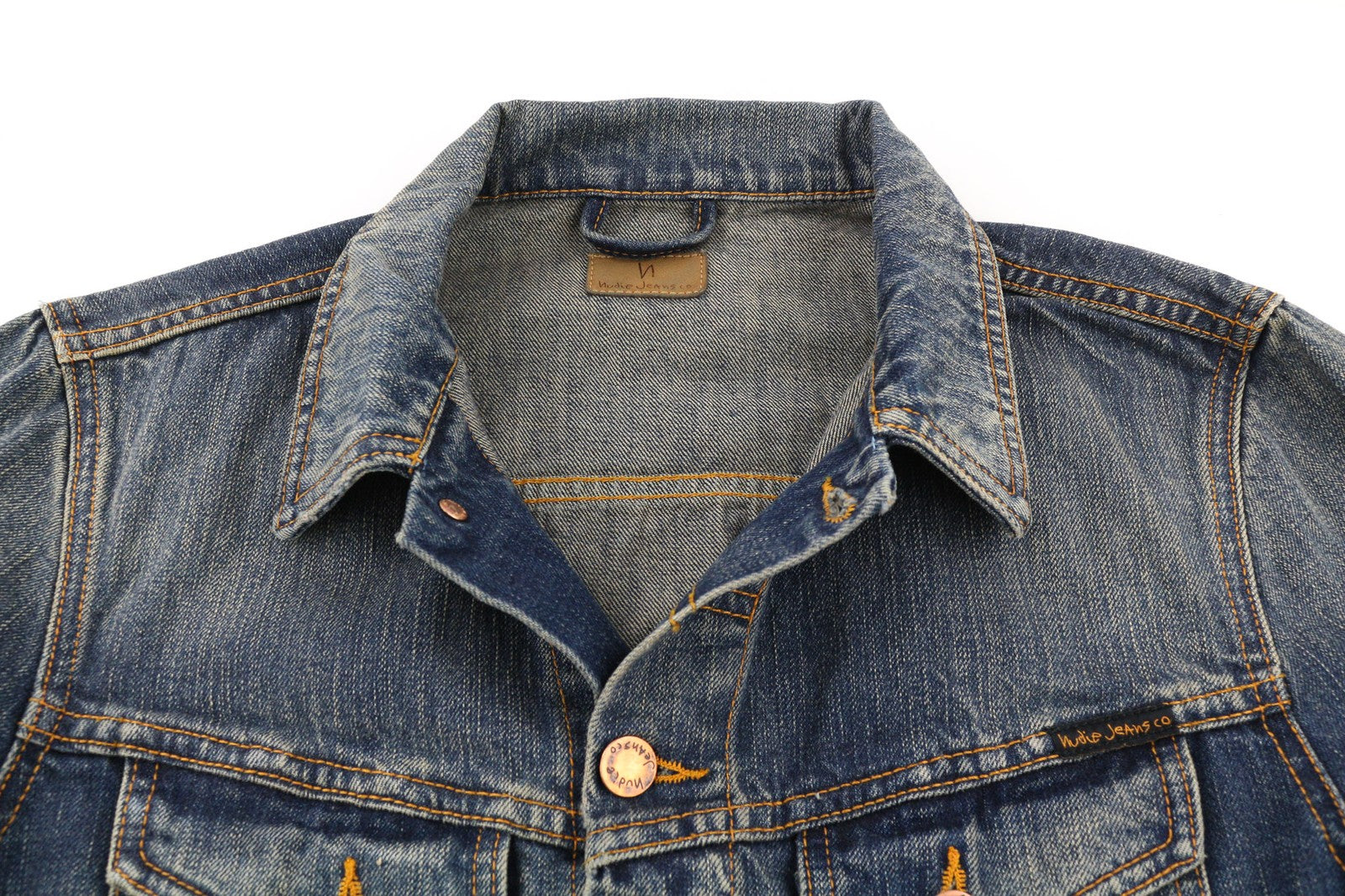 NUDIE JEANS Billy Dark Authentic vyriškas S dydžio mėlynas logotipo išblukęs džinsinis švarkas 