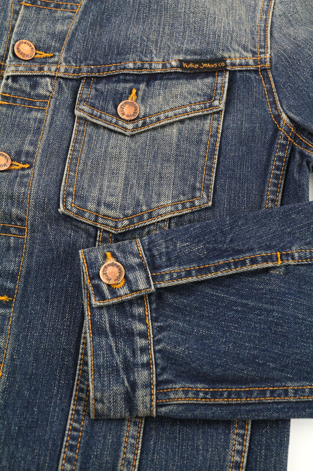 NUDIE JEANS Billy Dark Authentic vyriškas S dydžio mėlynas logotipo išblukęs džinsinis švarkas 