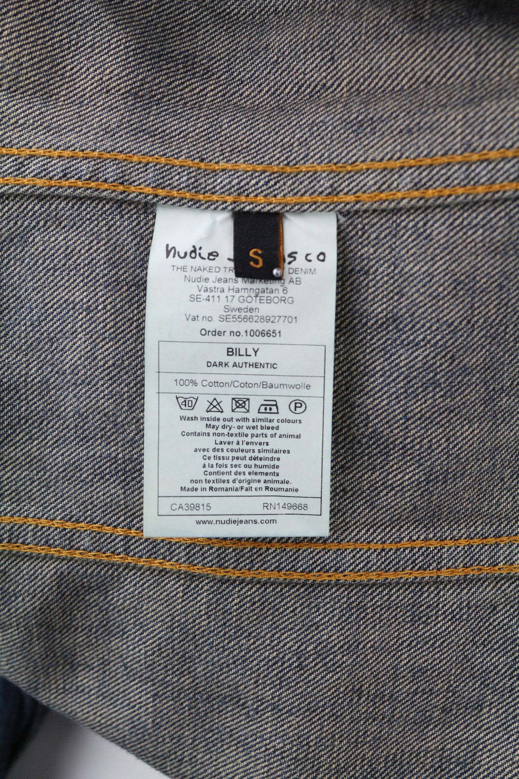 NUDIE JEANS Billy Dark Authentic vyriškas S dydžio mėlynas logotipo išblukęs džinsinis švarkas 