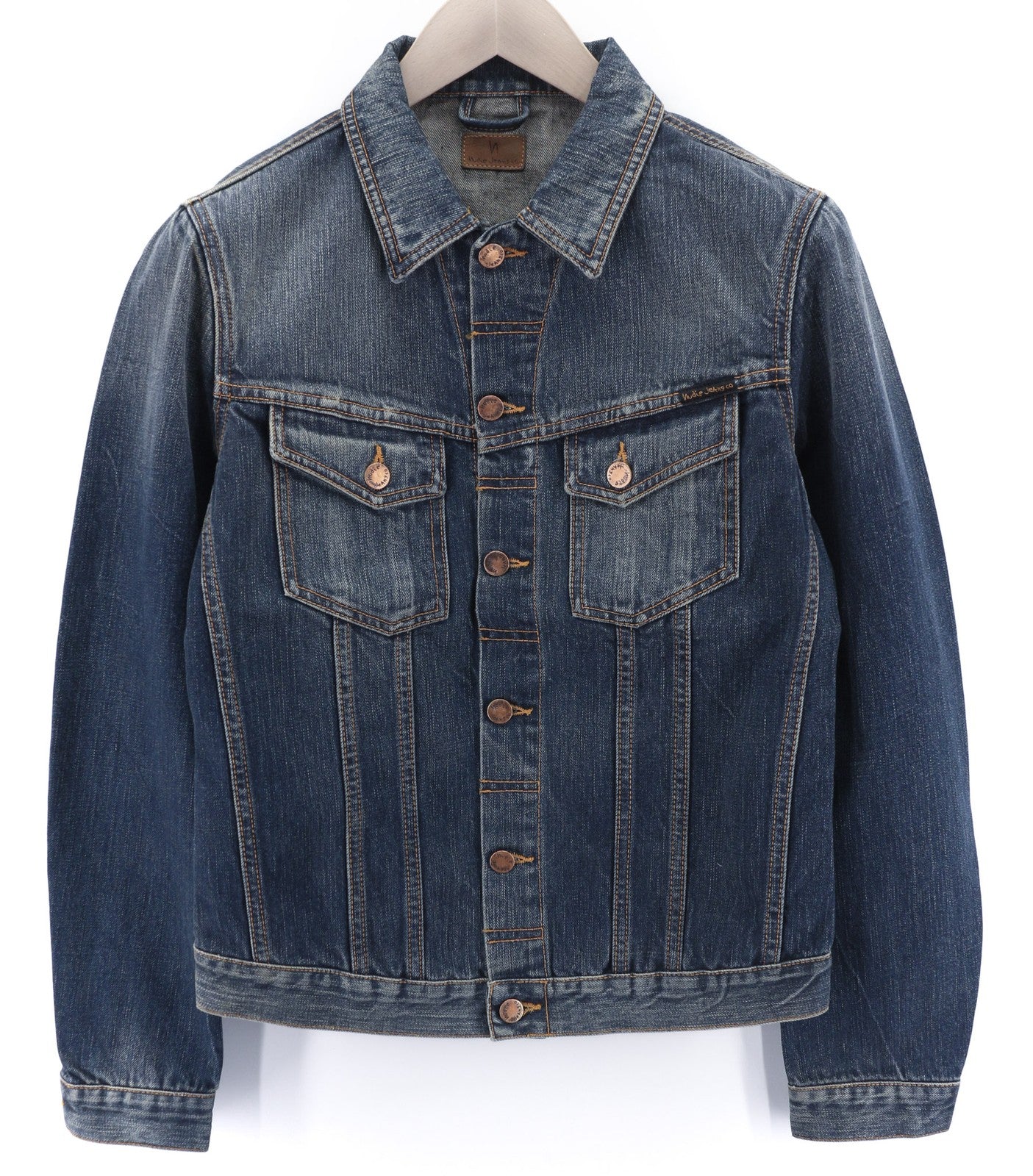 NUDIE JEANS Billy Dark Authentic vyriškas S dydžio blukintos mėlynos spalvos džinsinis švarkas su kišenėmis 