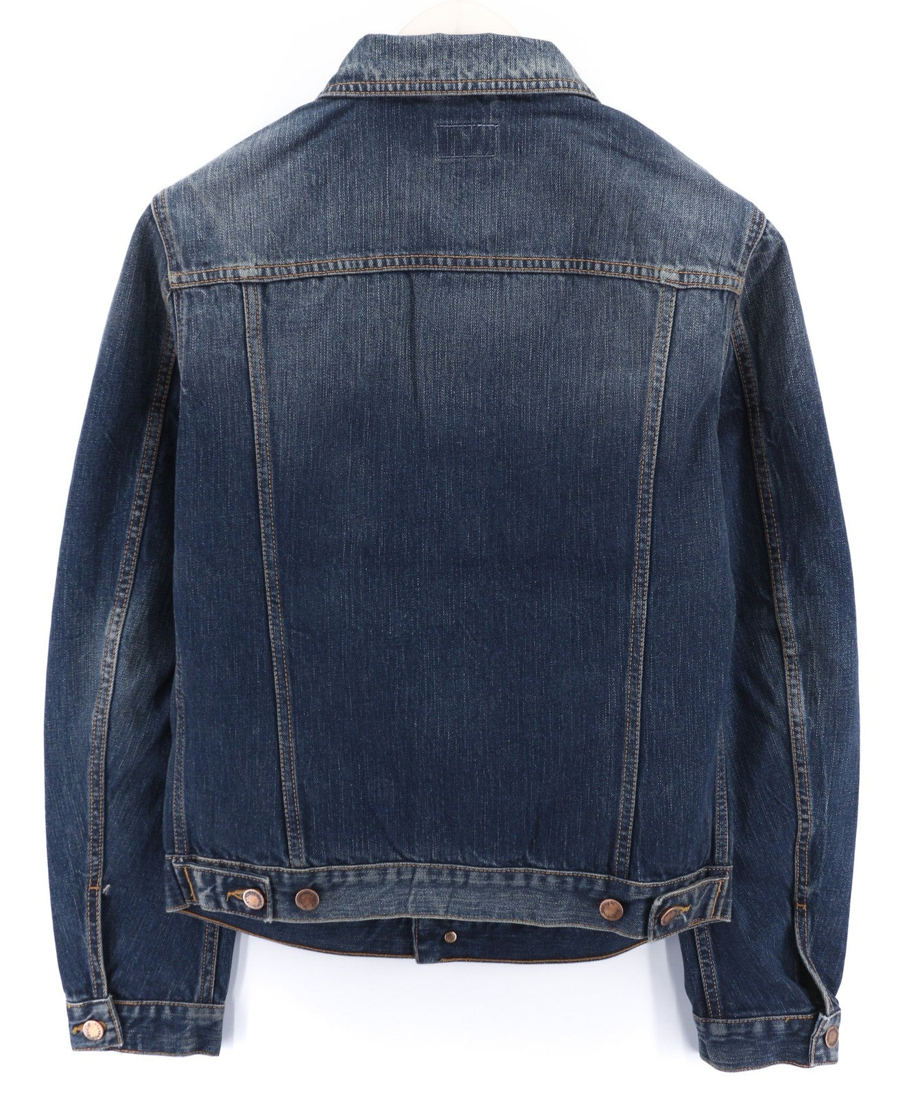 NUDIE JEANS Billy Dark Authentic vyriškas S dydžio blukintos mėlynos spalvos džinsinis švarkas su kišenėmis 