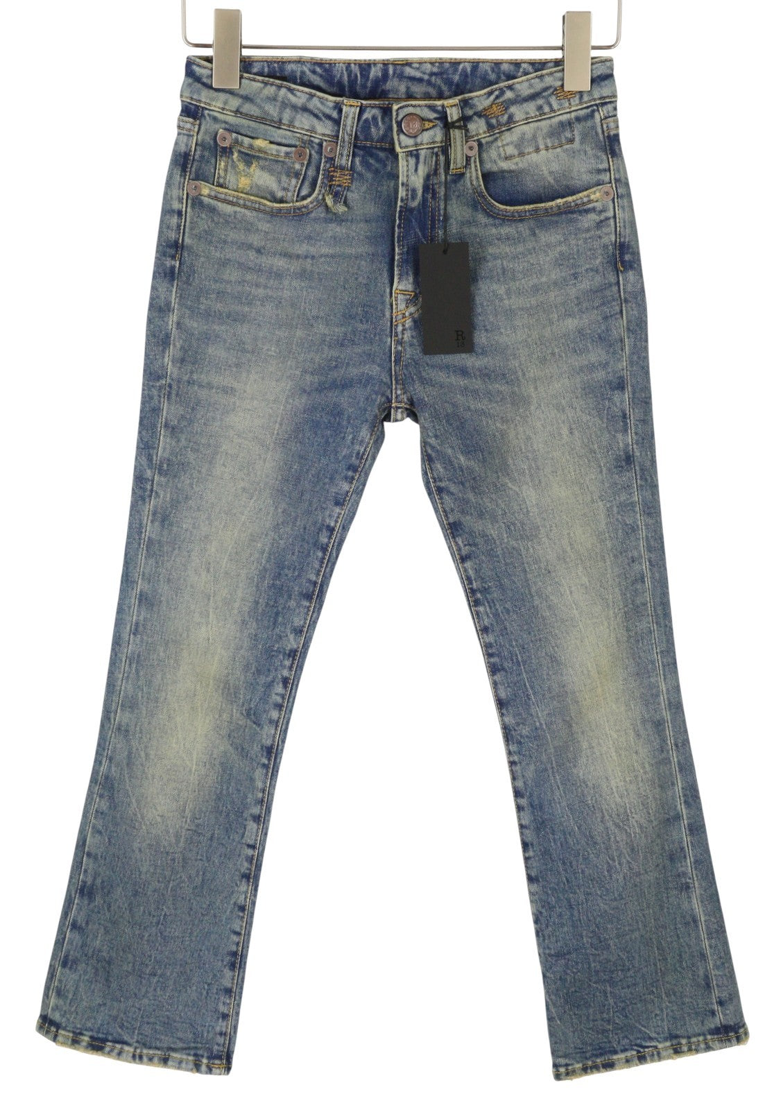 R13 Kick Fit moteriški džinsai 24 Kelly Stretch platėjančios trumpintos išblukintos mėlynos spalvos FW25 RRP699 