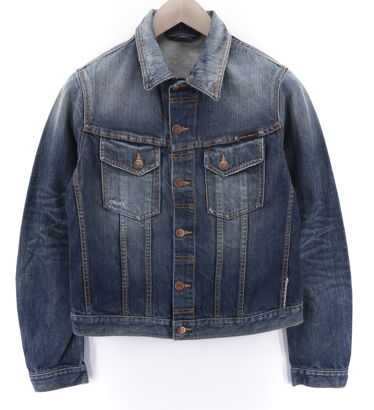 NUDIE JEANS Terry Org. kontrastingas vyriškas S dydžio mėlynas blukintas džinsinis polo švarkas 