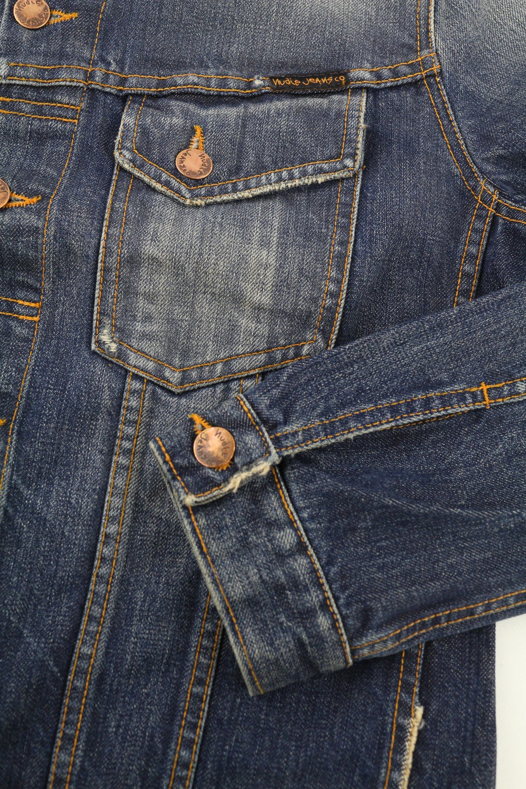 NUDIE JEANS Terry Org. Contrast Men's S Blue Faded Denim Polo Jacket