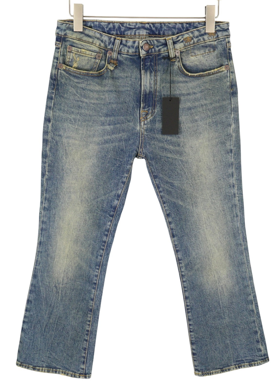 R13 Kick Fit moteriški džinsai, 30 Kelly tamprūs, platėjantys, trumpi, išblukintos mėlynos spalvos, FW25, RRP699 