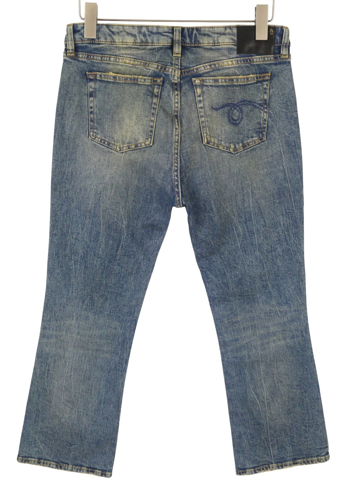 R13 Kick Fit moteriški džinsai, 30 Kelly tamprūs, platėjantys, trumpi, išblukintos mėlynos spalvos, FW25, RRP699 