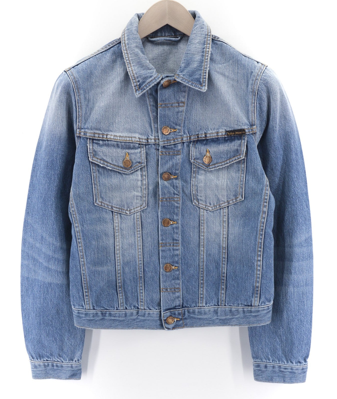 NUDIE JEANS Perry Org. Summer Shade vyriški mėlyni polo marškinėliai iš medvilnės, džinsinio audinio. 