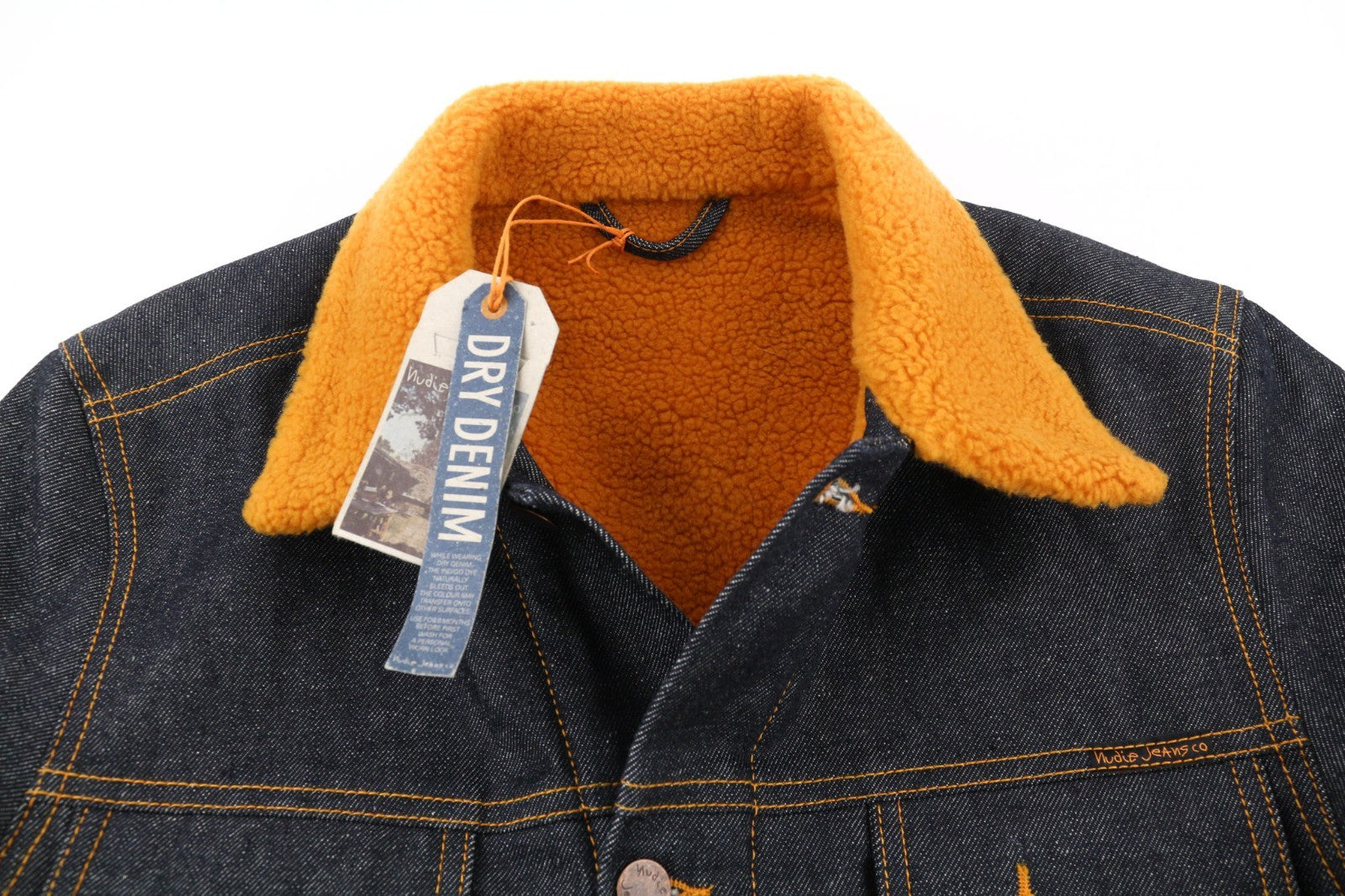 NUDIE JEANS Helmut Orange Pile Men's M Dark Blue Denim Polo Sherpa Jacket