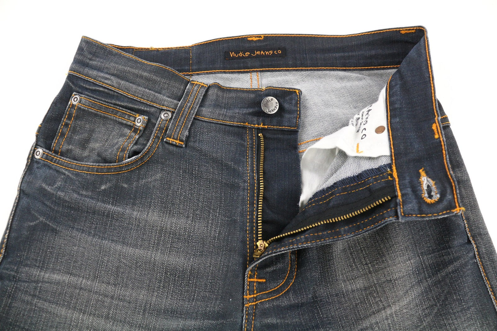 NUDIE JEANS ploni, pilki, autentiški, dėvėti vyriški W29/L34 išblukę siaurėjantys džinsai 