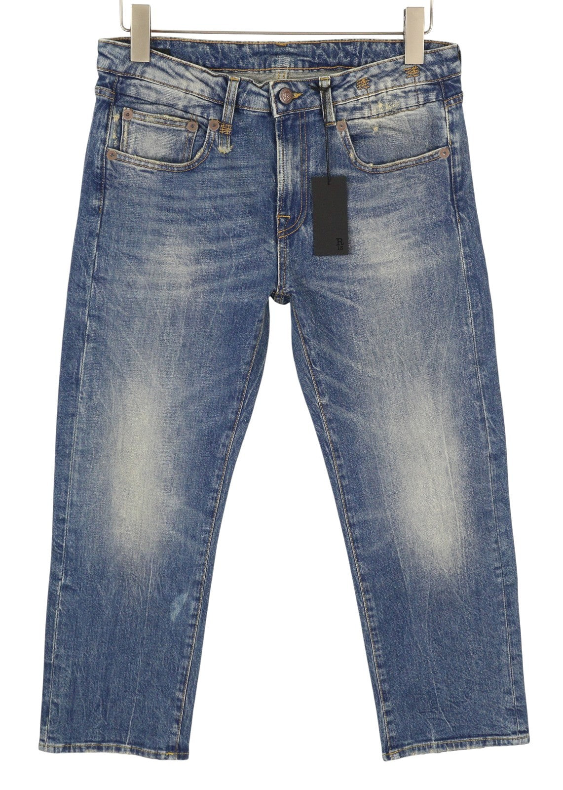 R13 berniukiški tiesūs moteriški džinsai 29 Kelly tamprūs trumpi užtrauktukai blukintos mėlynos spalvos RRP699 