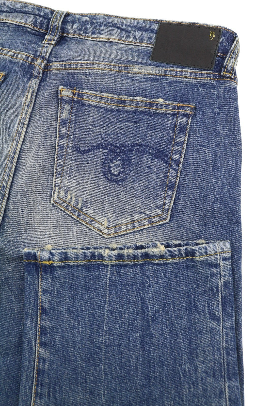 R13 berniukiški tiesūs moteriški džinsai 29 Kelly tamprūs trumpi užtrauktukai blukintos mėlynos spalvos RRP699 