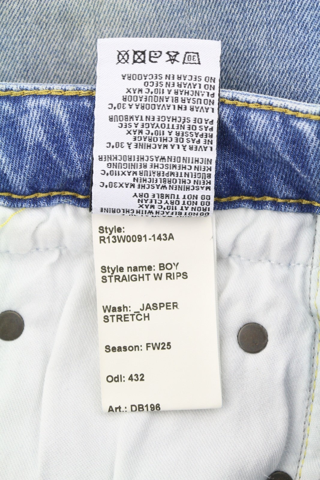 R13 berniukiški tiesūs džinsai su plėšytomis juostomis, 28 dydžio, Jasper tamprūs, žemo liemens, mėlyni, FW25 