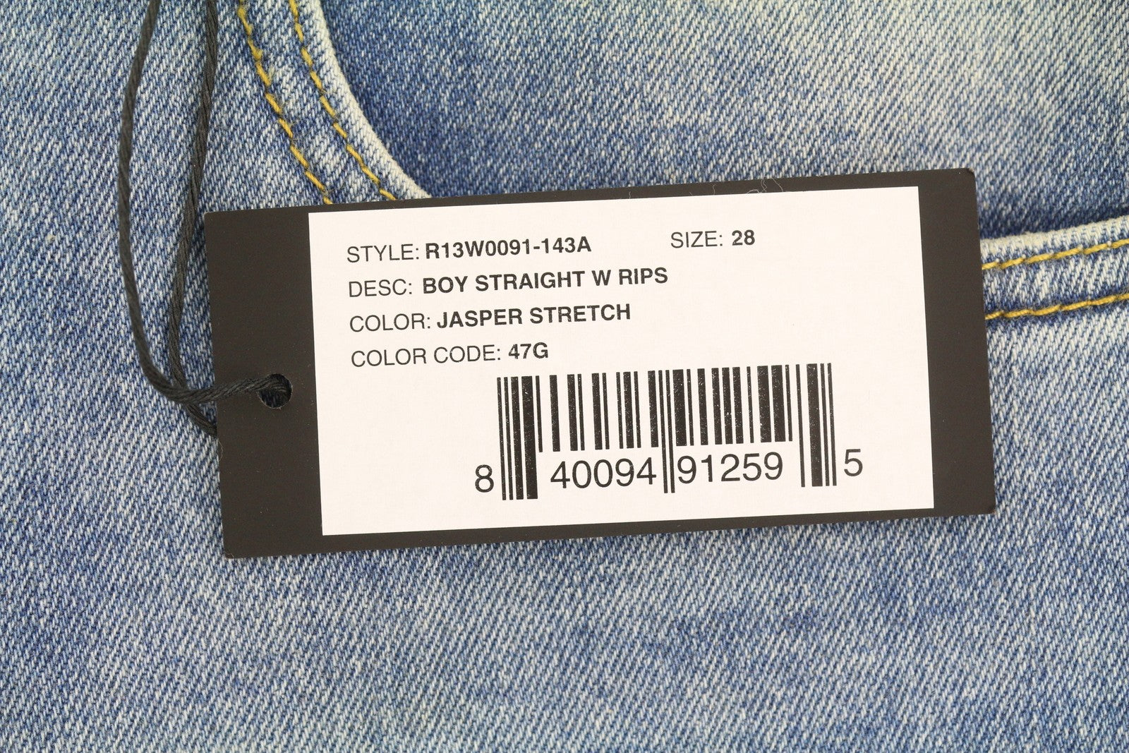 R13 berniukiški tiesūs džinsai su plėšytomis juostomis, 28 dydžio, Jasper tamprūs, žemo liemens, mėlyni, FW25 