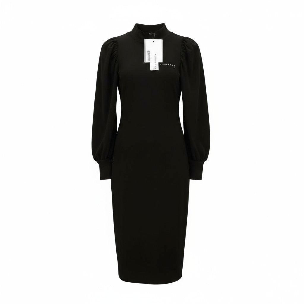 JOHN RICHMOND moteriška suknelė S juoda pūsta ilgomis rankovėmis imitacine iškirpte laisvalaikio stiliaus logotipu 