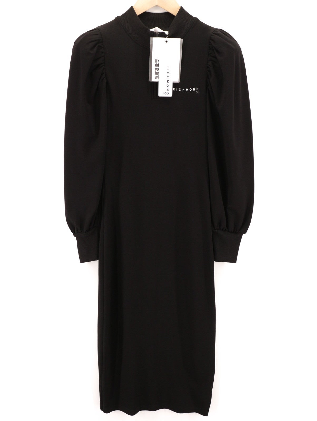 JOHN RICHMOND moteriška suknelė S juoda pūsta ilgomis rankovėmis imitacine iškirpte laisvalaikio stiliaus logotipu 