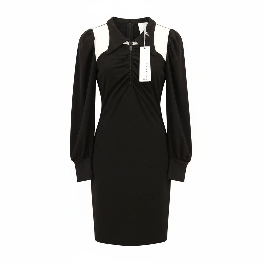 JOHN RICHMOND moteriška suknelė S juoda pūstomis rankovėmis, raukiniais, polo marškinėliais su užtrauktuku 