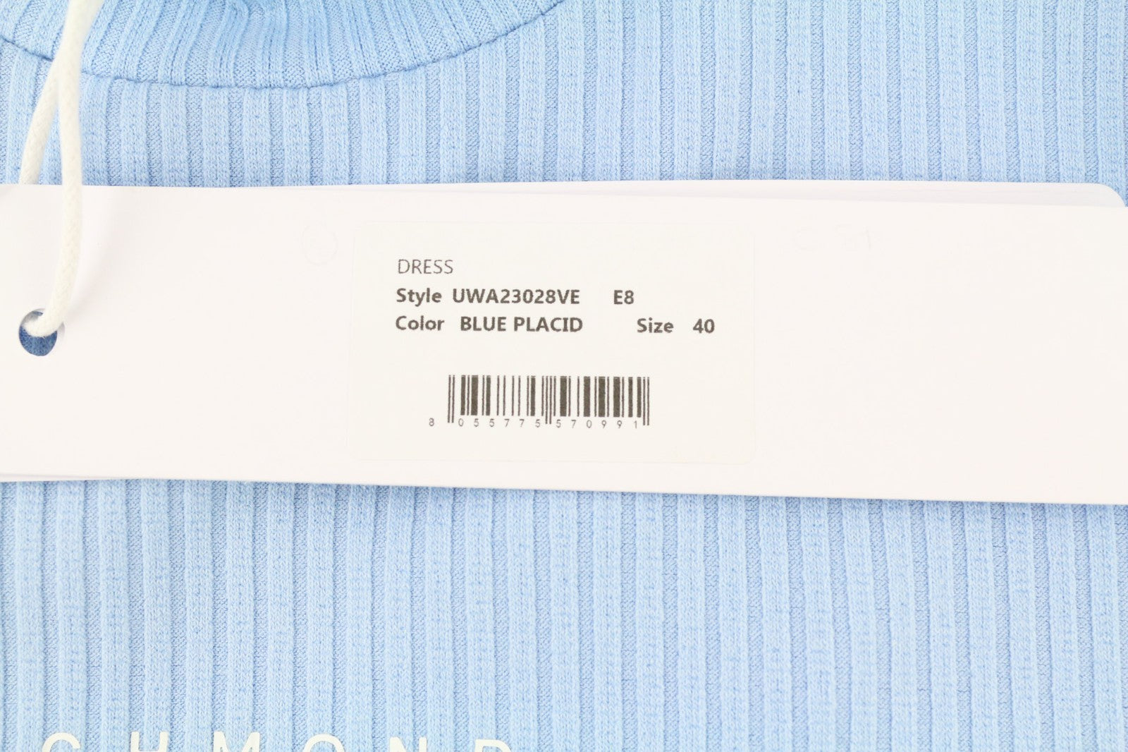 JOHN RICHMOND moteriška suknelė S mėlyna briaunuota raštu su iškirpte ilgomis rankovėmis, su logotipu ir užtrauktuku 