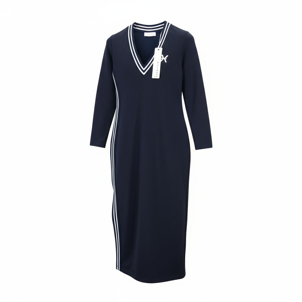 RICHMOND moteriška suknelė S dydžio tamsiai mėlyna su V formos iškirpte ir ilgomis rankovėmis, perskelta, prigludusi priekyje su logotipu 