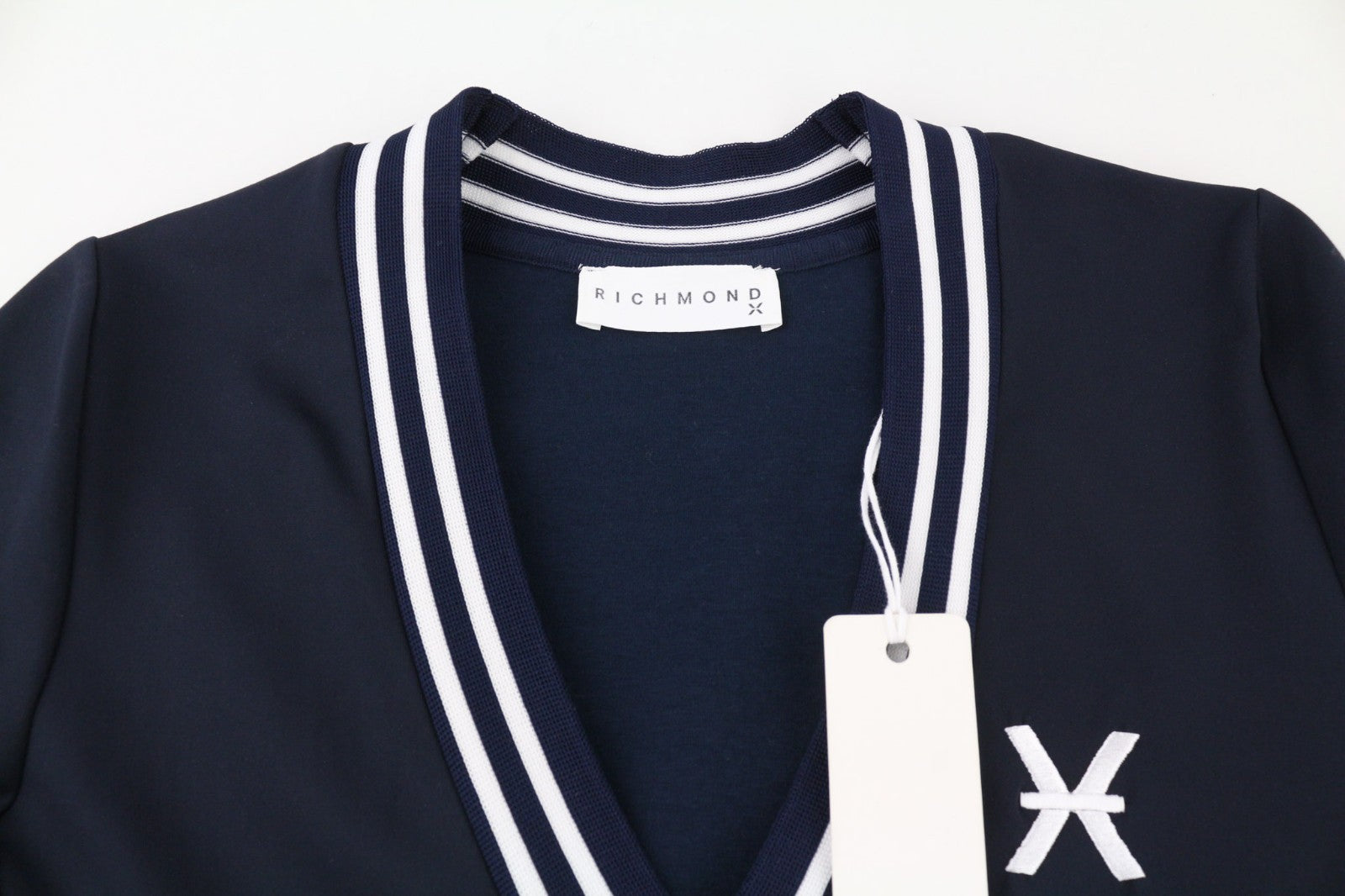 RICHMOND Women's Dress S Dark Blue V-Neck Long Sleeve Split Fitted Front Logo