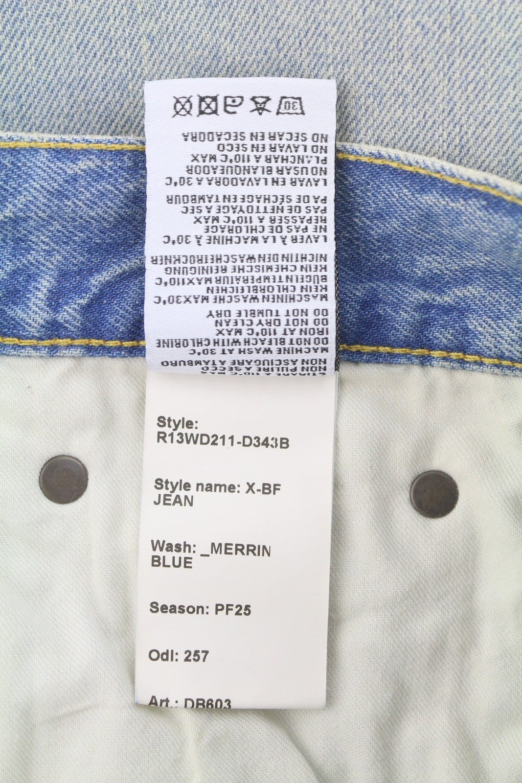 R13 X-BF moteriški džinsai 25 Merrin mėlyni ūsuoti skalbti žemo liemens džinsai PF25 RRP799 