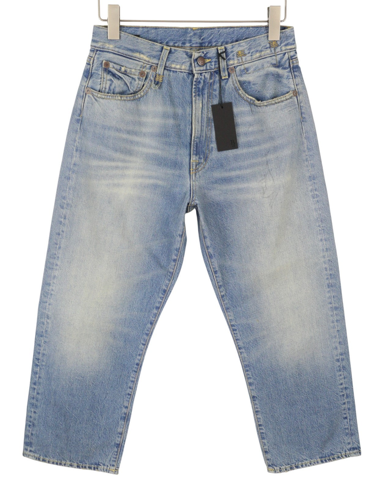 R13 X-BF moteriški džinsai 25 Merrin mėlyni ūsuoti skalbti žemo liemens džinsai PF25 RRP799 