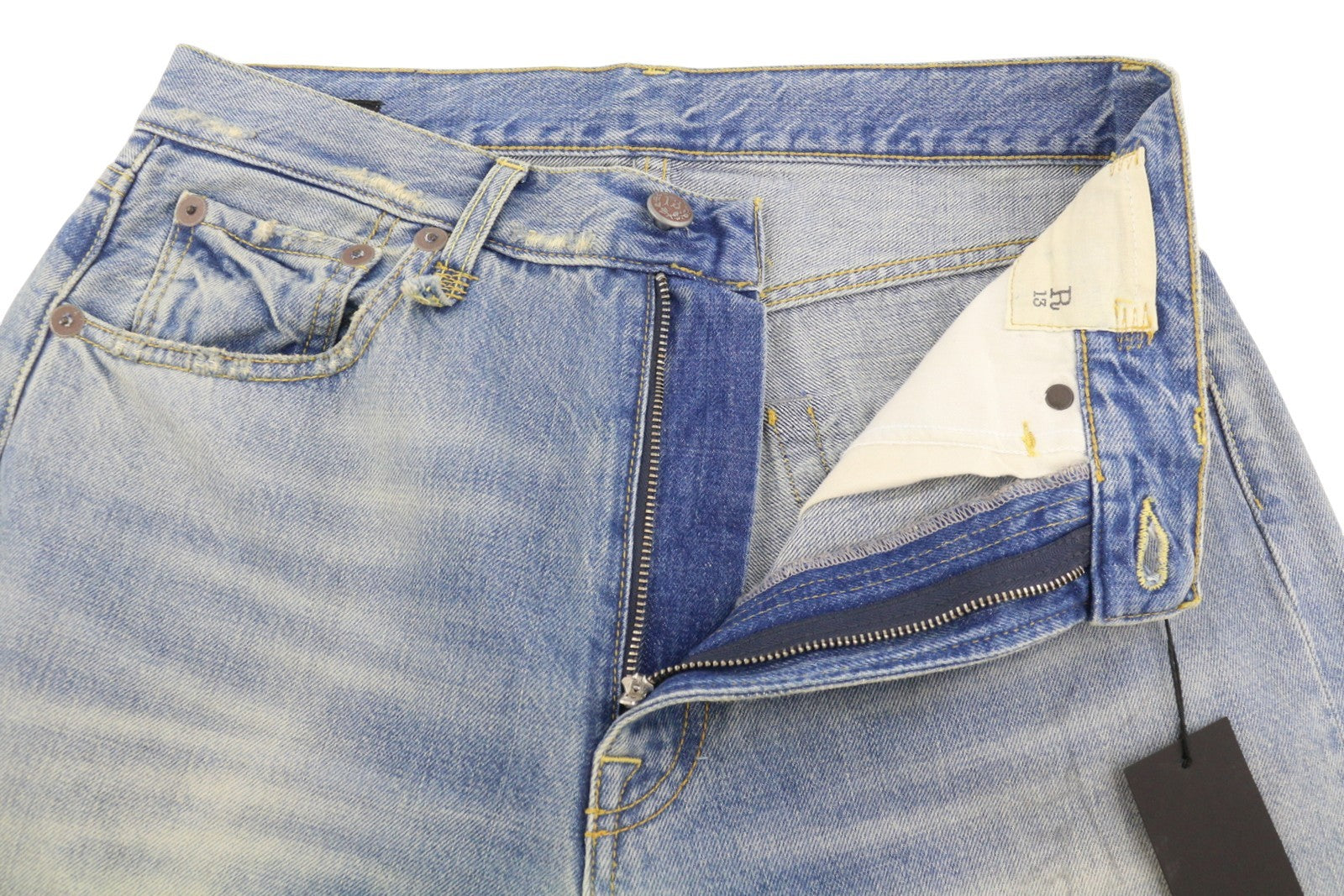 R13 X-BF moteriški džinsai 25 Merrin mėlyni ūsuoti skalbti žemo liemens džinsai PF25 RRP799 