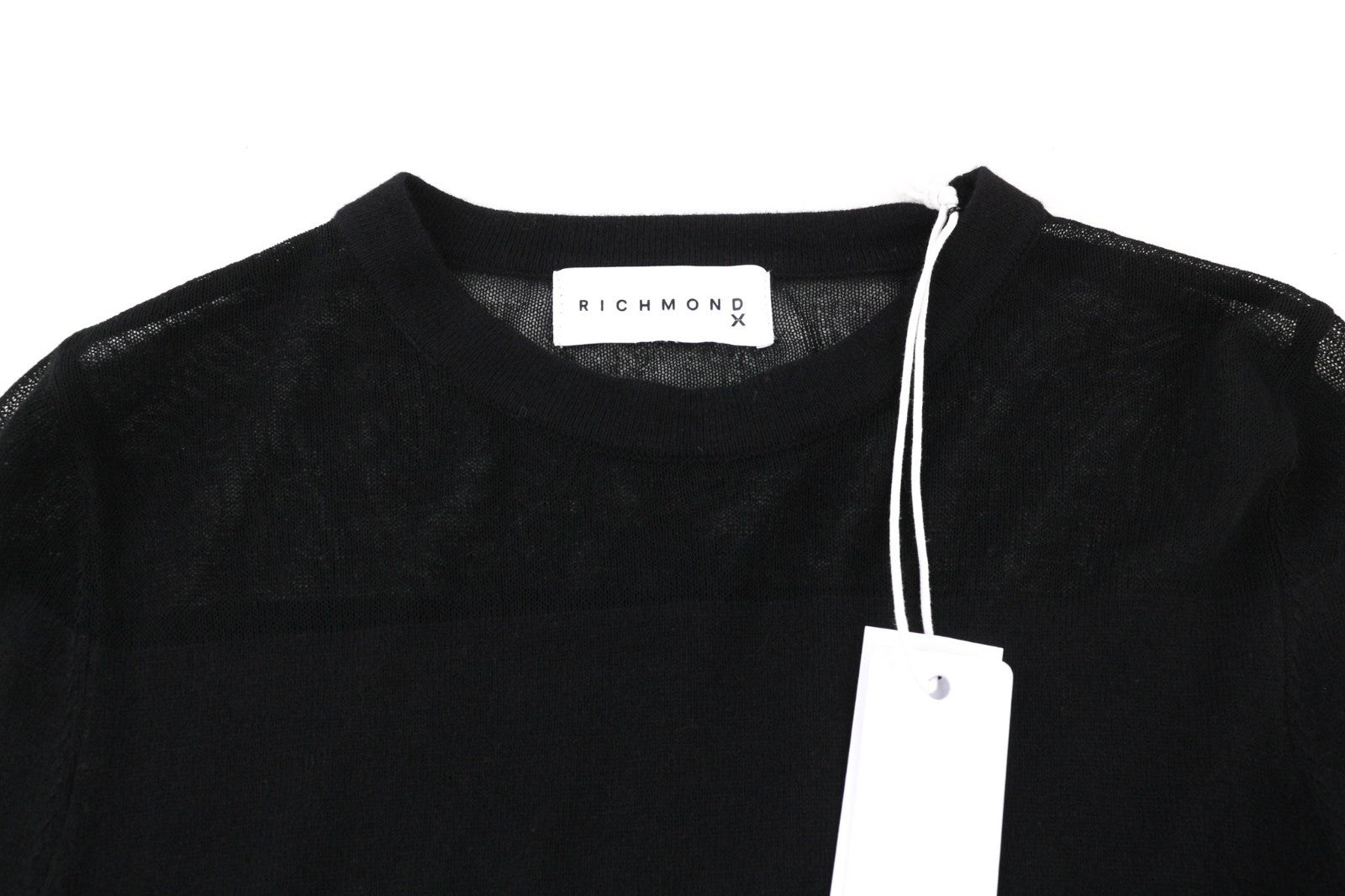 JOHN RICHMOND moteriška suknelė S dydžio, juoda, permatoma, megzta, ilgomis rankovėmis, su logotipu ir šortais 