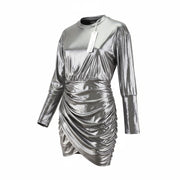 JOHN RICHMOND Women's Dress S Silver Shiny Long Sleeve Mock Neck Mini Fit