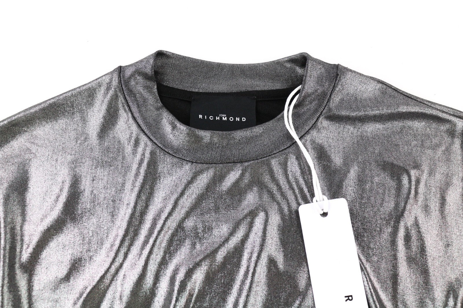 JOHN RICHMOND Women's Dress S Silver Shiny Long Sleeve Mock Neck Mini Fit