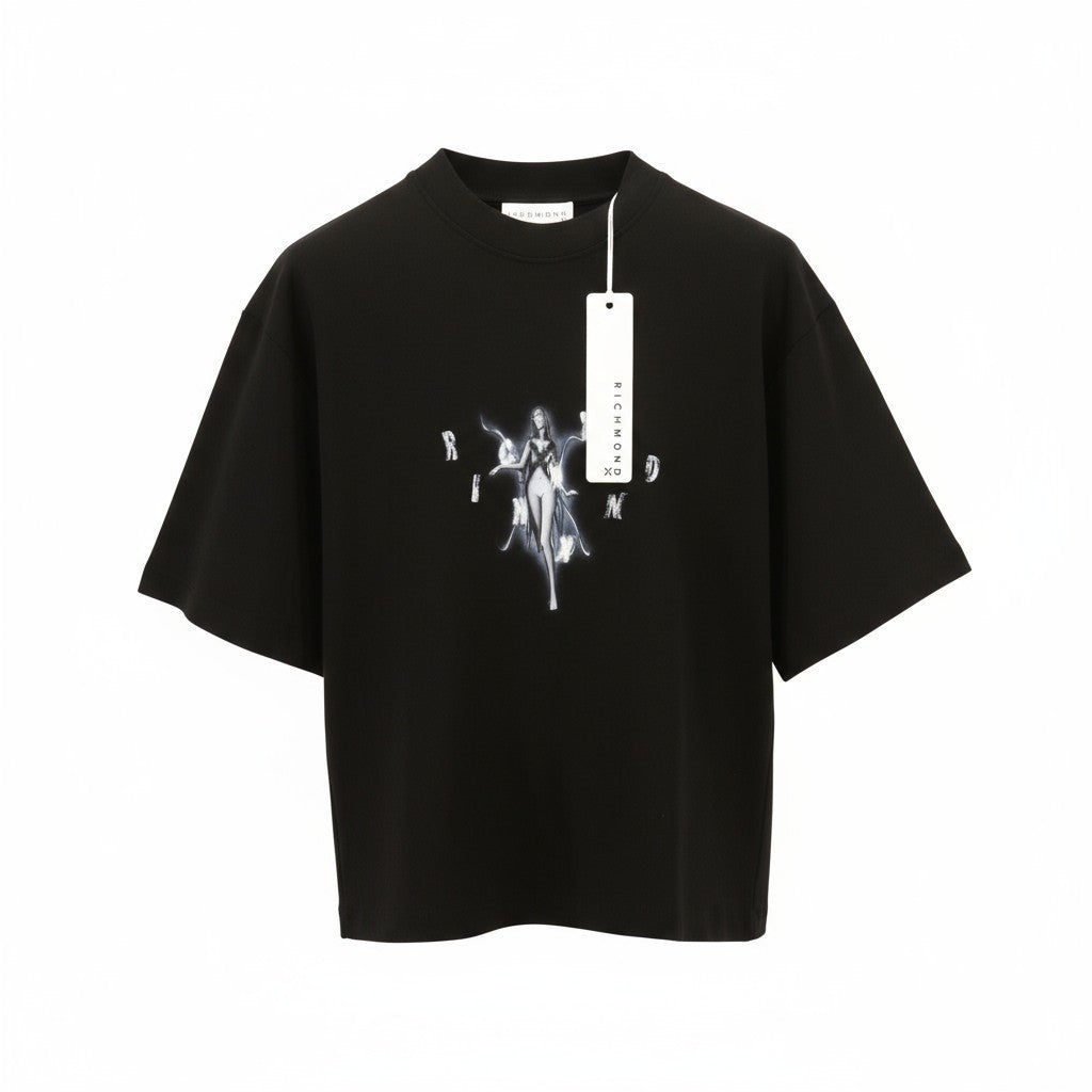 RICHMOND vyriški marškinėliai su juodu, dideliais apvaliais raštais ir tampria medvilnine logotipu S dydžio 