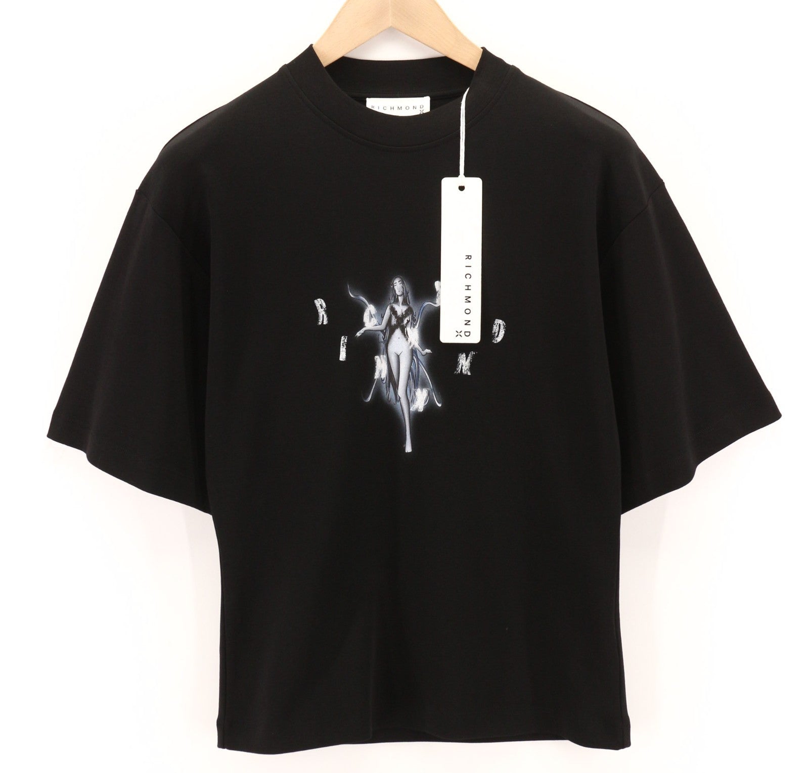 RICHMOND vyriški marškinėliai su juodu, dideliais apvaliais raštais ir tampria medvilnine logotipu S dydžio 