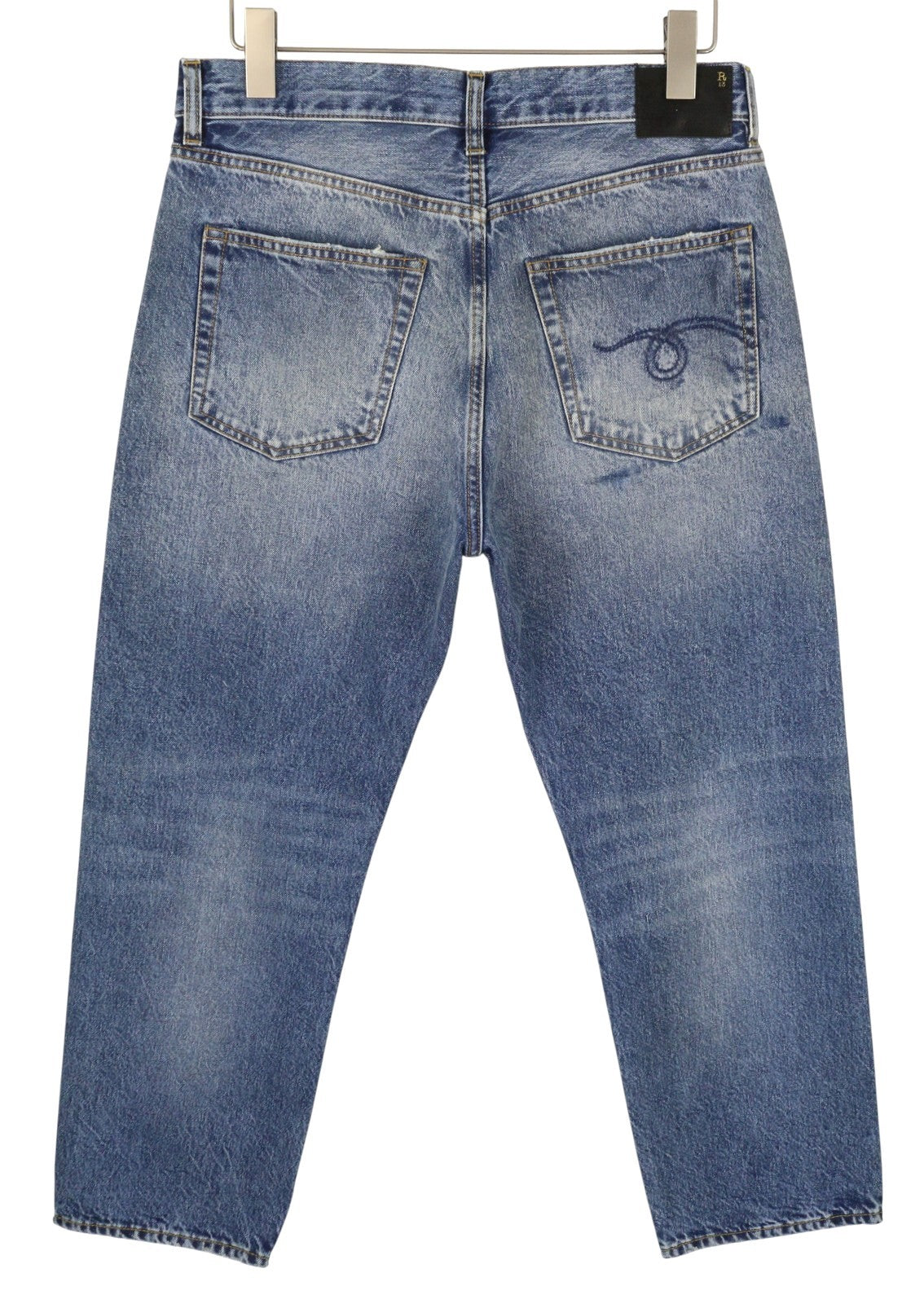 R13 Boyfriend Women Jeans 28 Jasper Whiskers Faded Cropped Blue PF25 RRP699